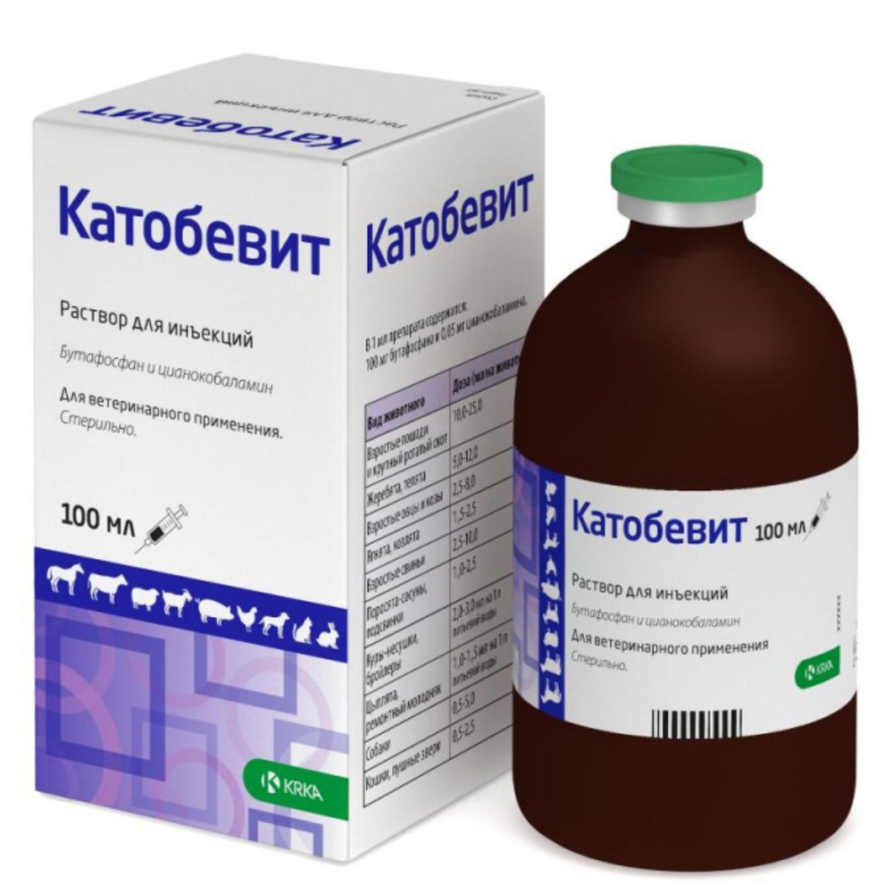 Раствор для инъекций для улучшения обменных процессов у сельскохозяйственных животных, птицы, пушных зверей, кошек и собак Катобевит (KRKA),100мл Бутафосфан/Цианокобаламин