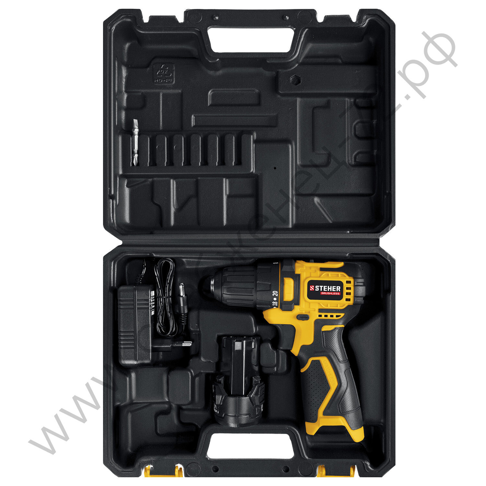 STEHER 12 В, 35 Н·м, 2 АКБ (2 А·ч), бесщеточная дрель-шуруповерт, кейс (CDB-120-2)