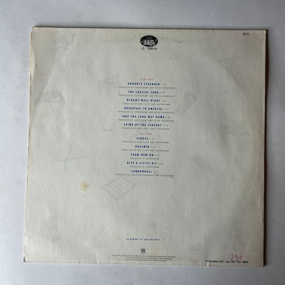 Винтажная виниловая пластинка LP Supertramp, The Very Best Of Supertramp (Россия 1992) The Logical Song