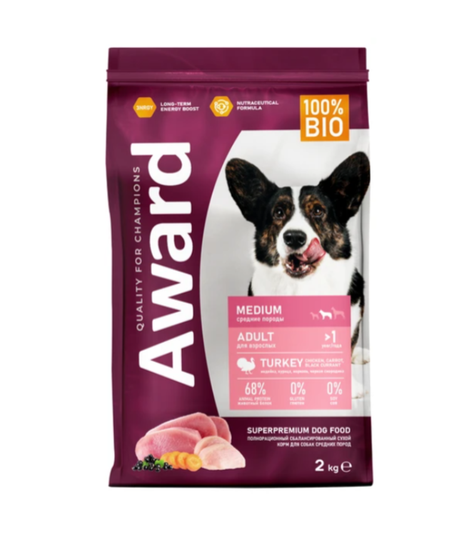 Сухой корм AWARD ДЛЯ ВЗРОСЛЫХ СОБАК СРЕДНИХ ПОРОД с индейкой и курицей с добавлением моркови и черной смородины