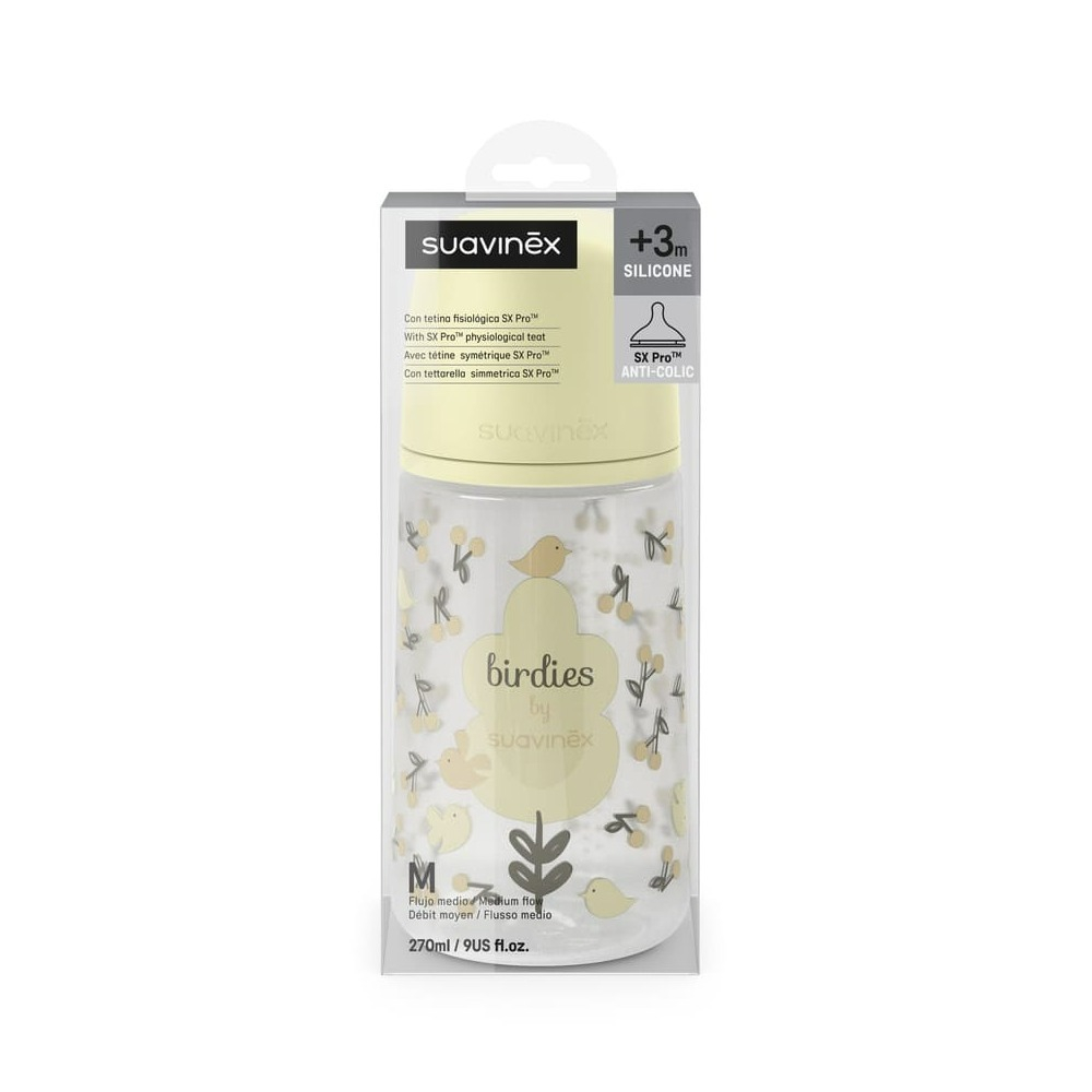 Бутылочка для кормления Suavinex Birdies 270 мл, желтая, 3 мес+