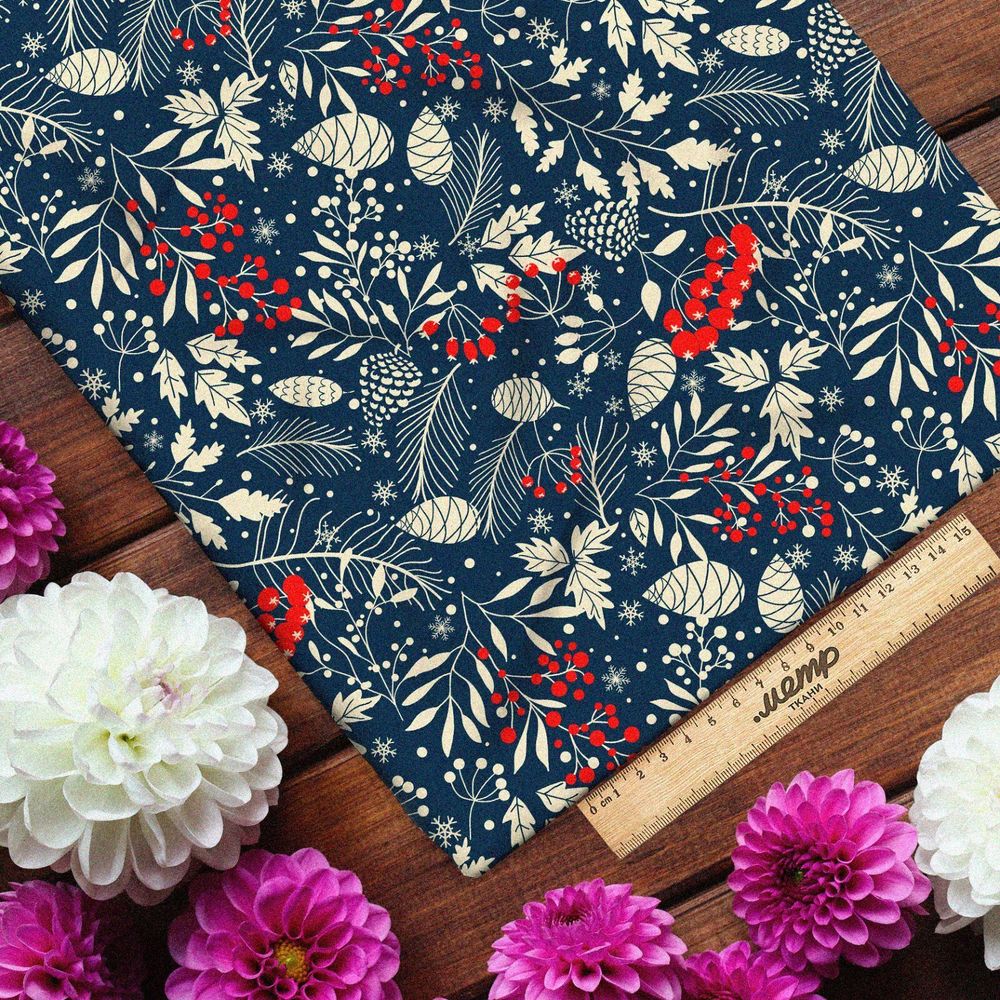 Ткань бифлекс рябина с заснеженными листьями