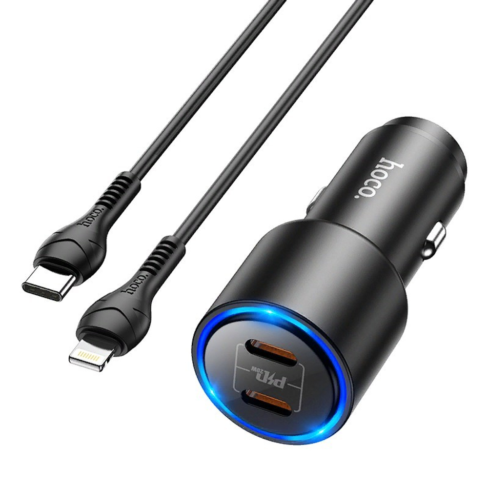 Разделитель автомобильный Hoco NZ3 Clear way 40W dual port PD car charger с кабелем Type-C to Lightning (2Type-C: 5V &amp; 2.4A 20W/ total output 40W) Черный