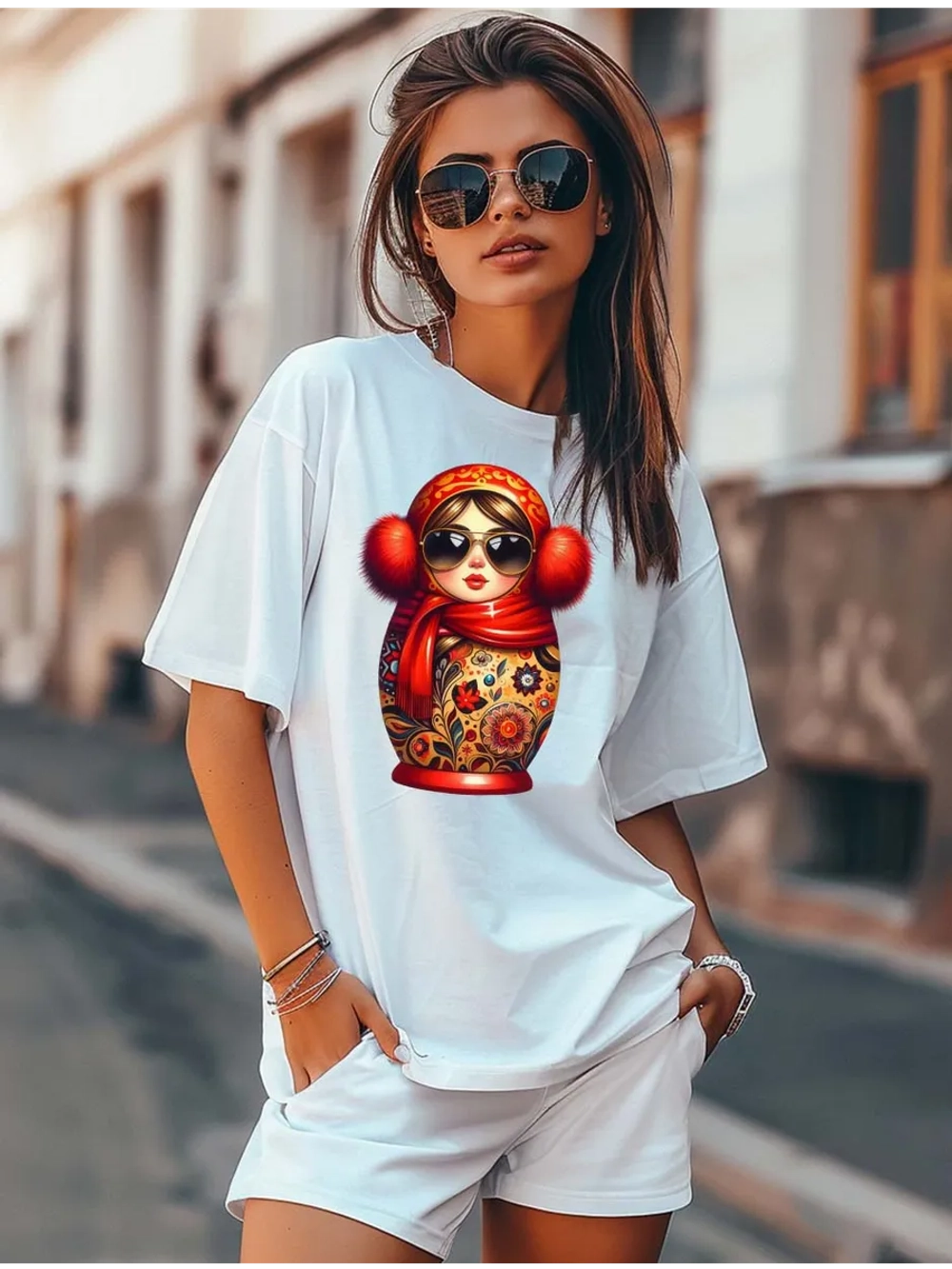 Футболка белая матрешка в меховых наушниках