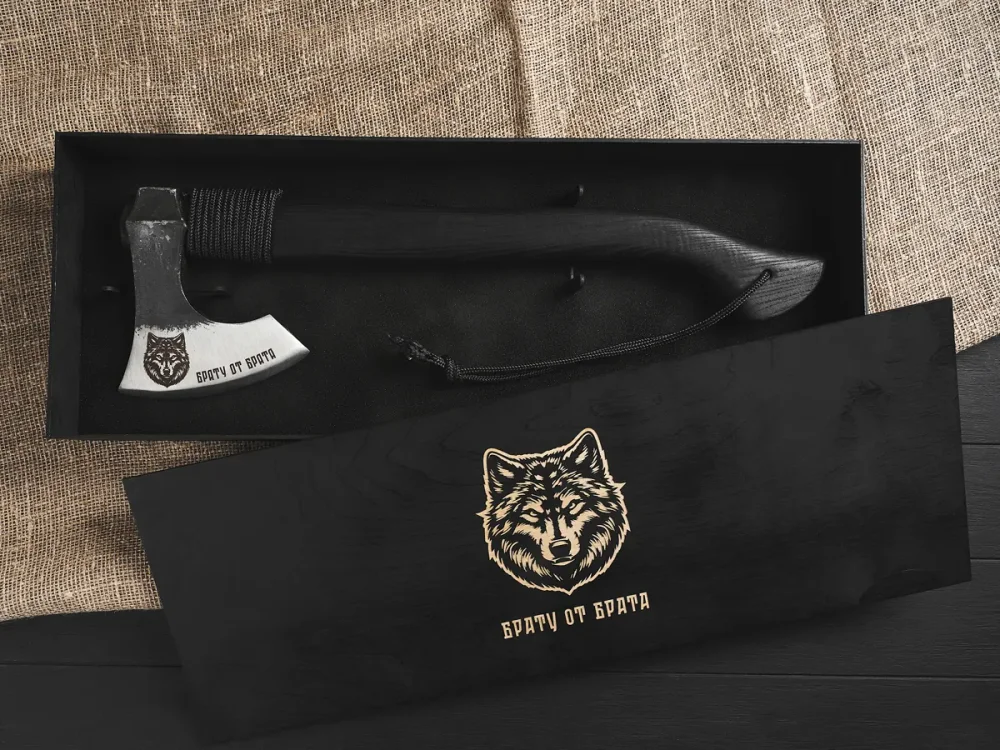 Кованый топор "Брату от брата", гравировка "Волк", рукоять черный мореный ясень