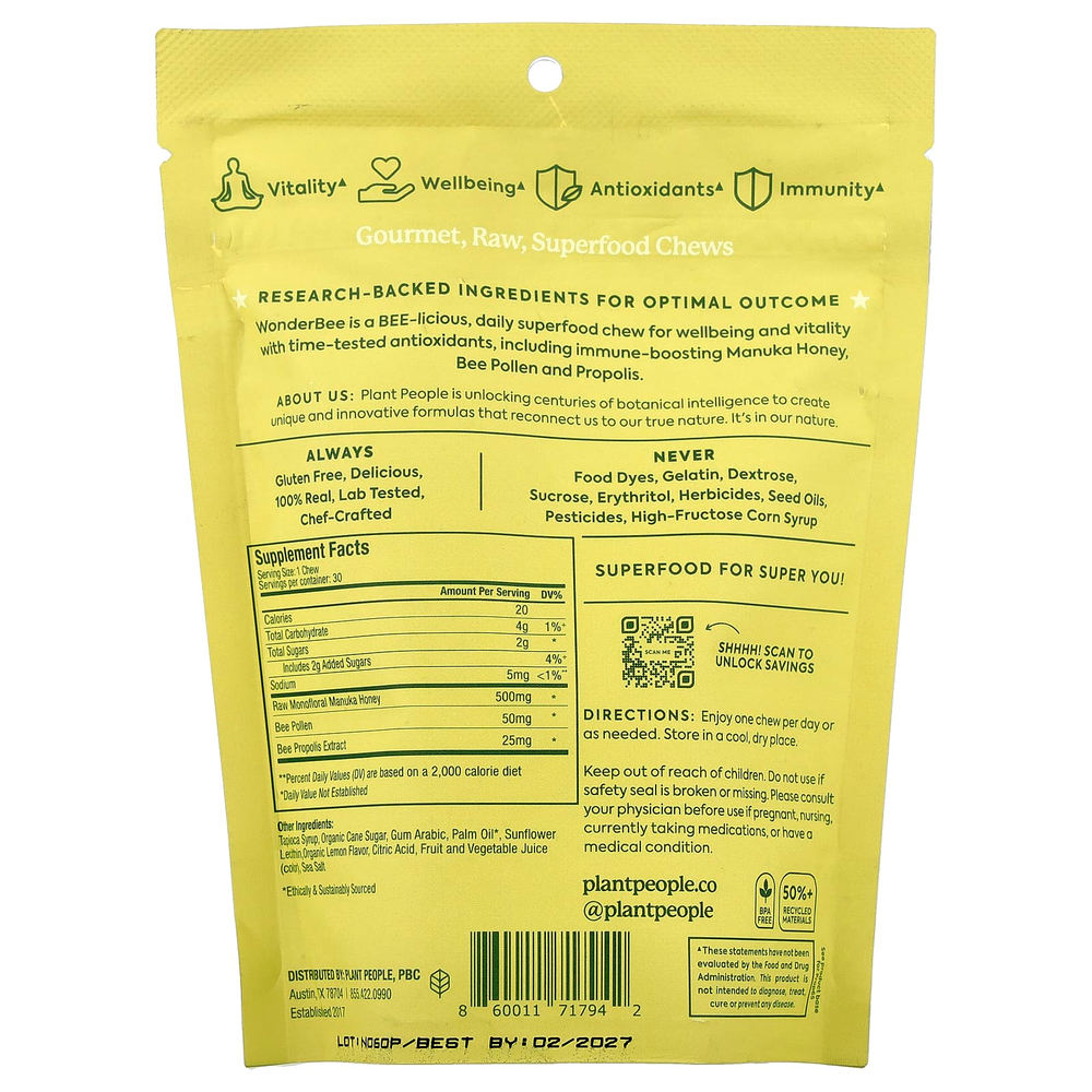 Plant People, WonderBee®, жевательные таблетки с медом из суперпродуктов, лимон, MGO 400+, 30 жевательных таблеток