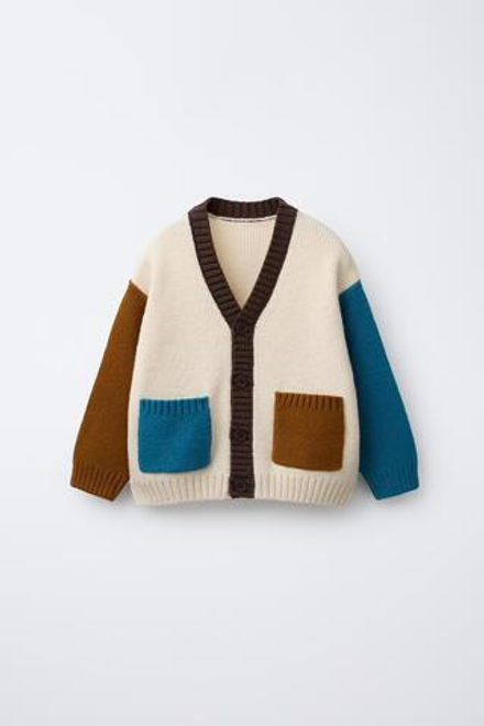 ZARA ВЯЗАНЫЙ КАРДИГАН В СТИЛЕ COLOR BLOCK, ЭКРЮ