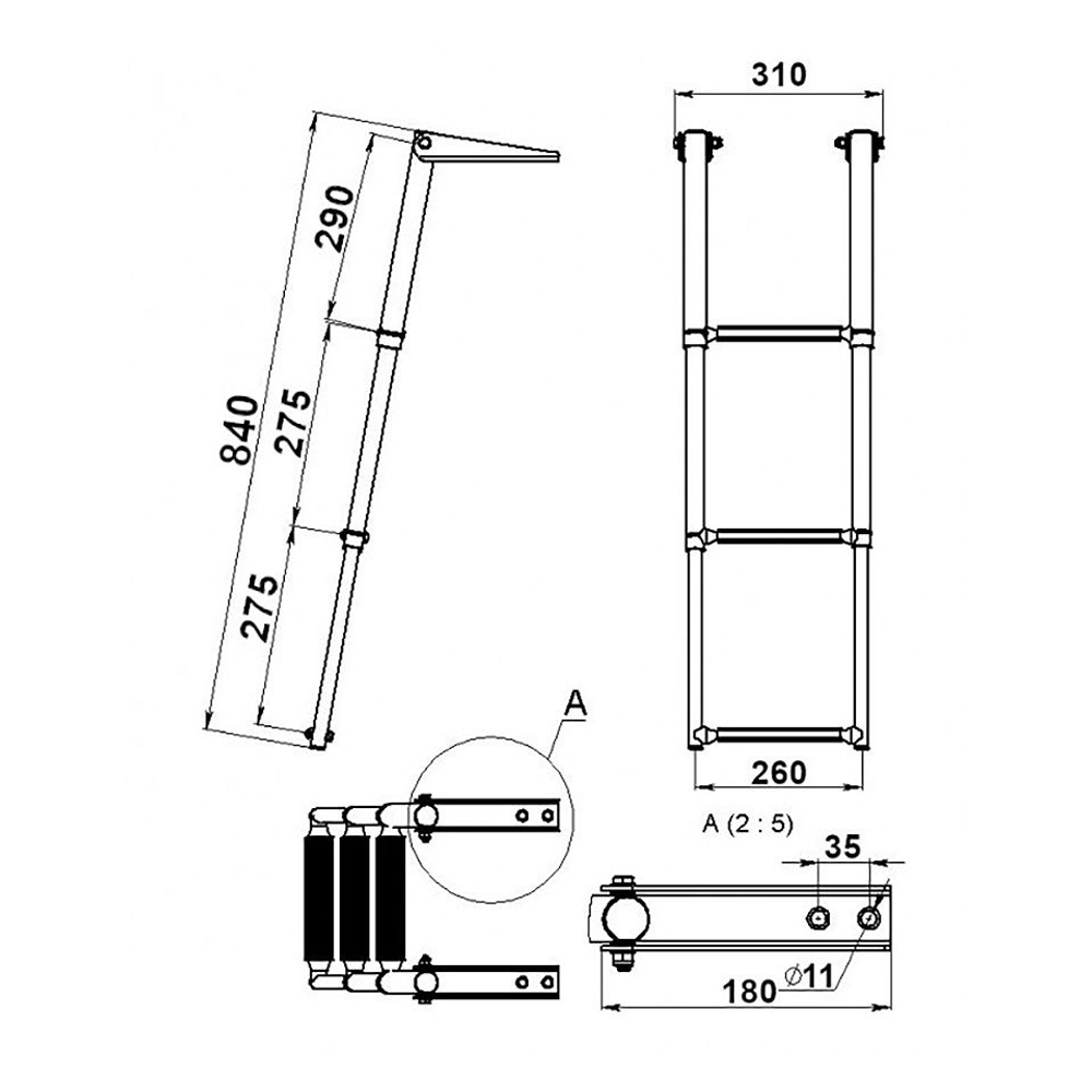 Трап телескопический складной, 3 черных ступени (ширина 310 мм.) AISI 316 (10269560)