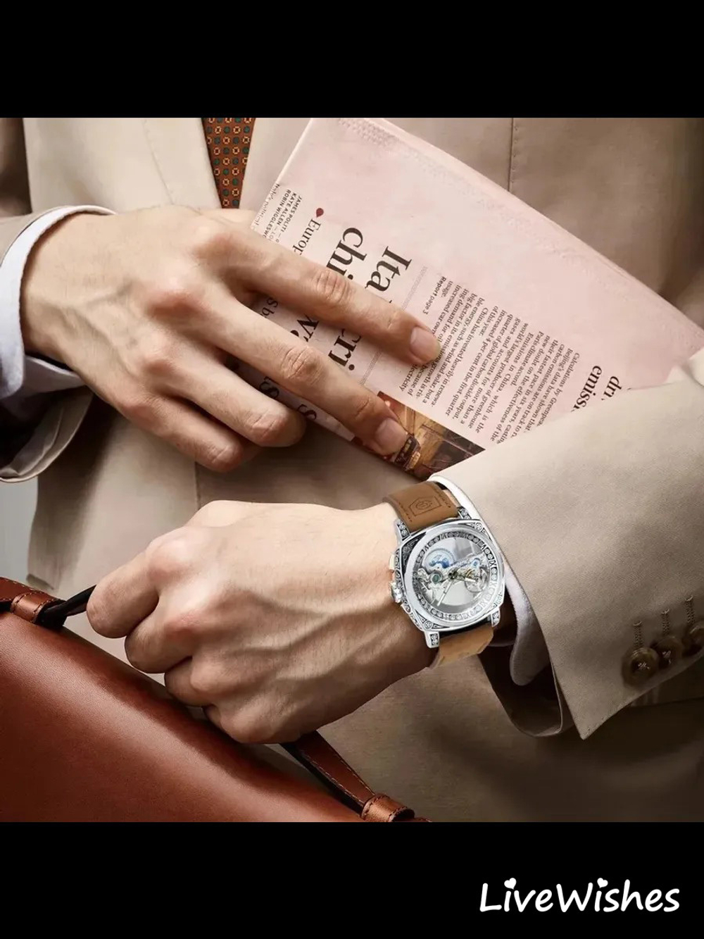 Часы наручные механические скелетоны FORSINING на кожаном ремешке, серебристый/коричневый W8980-01