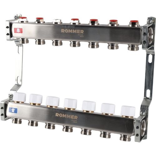 Коллектор Rommer 1"x3/4" на 7 контуров с запорными клапанами (нерж. сталь) RMS-3200-000007