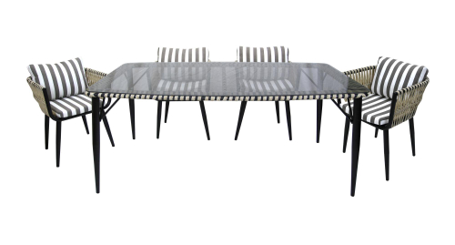 Набор мебели Монте-Карло арт.MK-MT001,MK-MT005-2024 бежевый, (4 кресла+стол 180х100см, каркас черный, ротанг жемчуг, ткань полоска ) "Garden story"