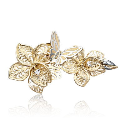 Брошь «Орхидеи» из лимонного золота с фианитами