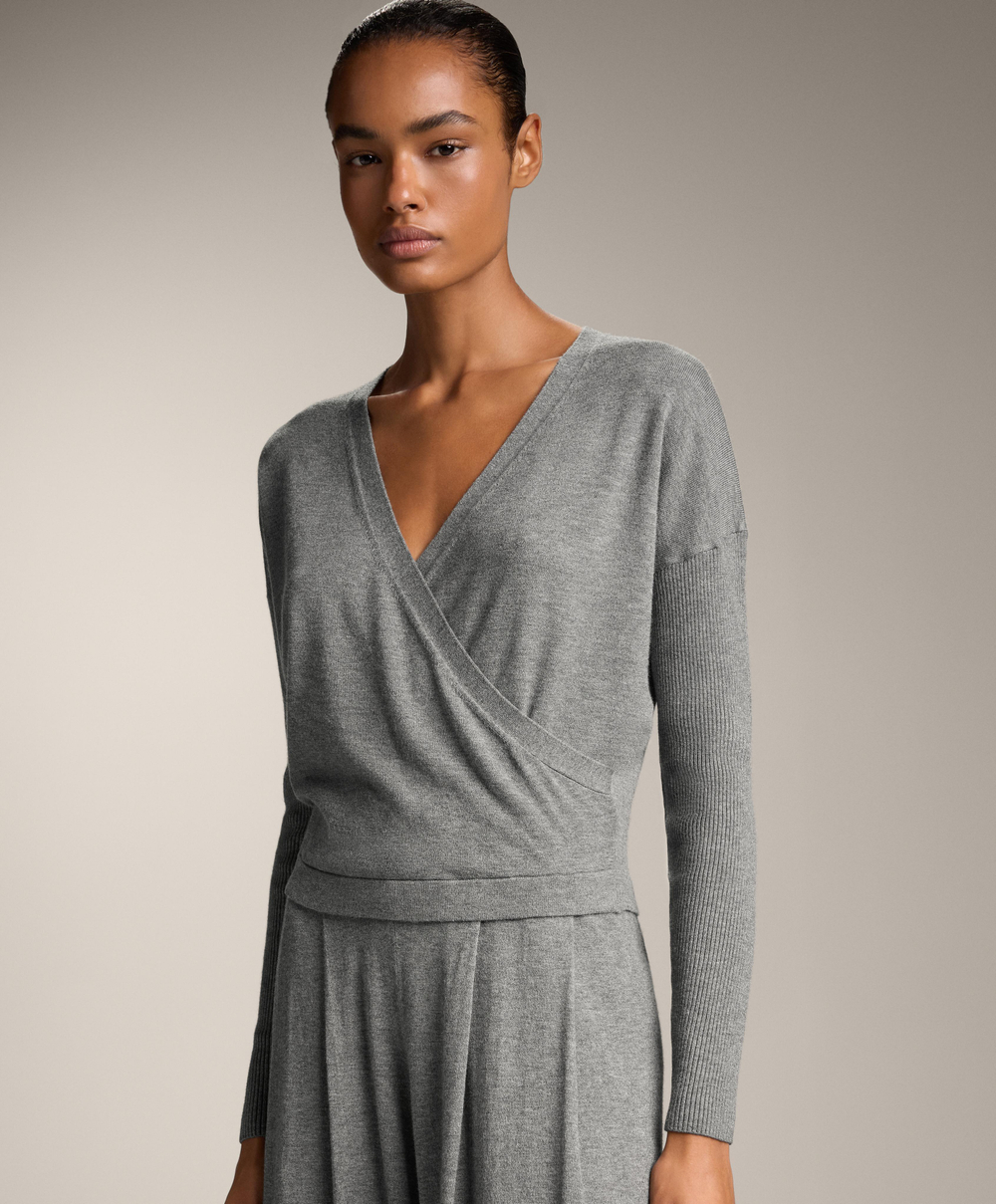 Oysho Вязаный джемпер с запа́хом, рукава в рубчик, серый меланж