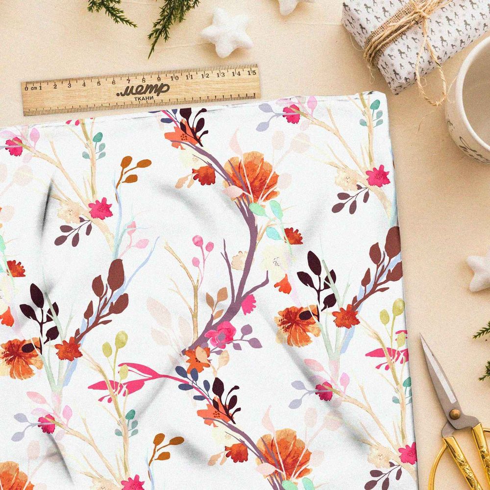 Ткань штапель акварельные веточки и лепестки
