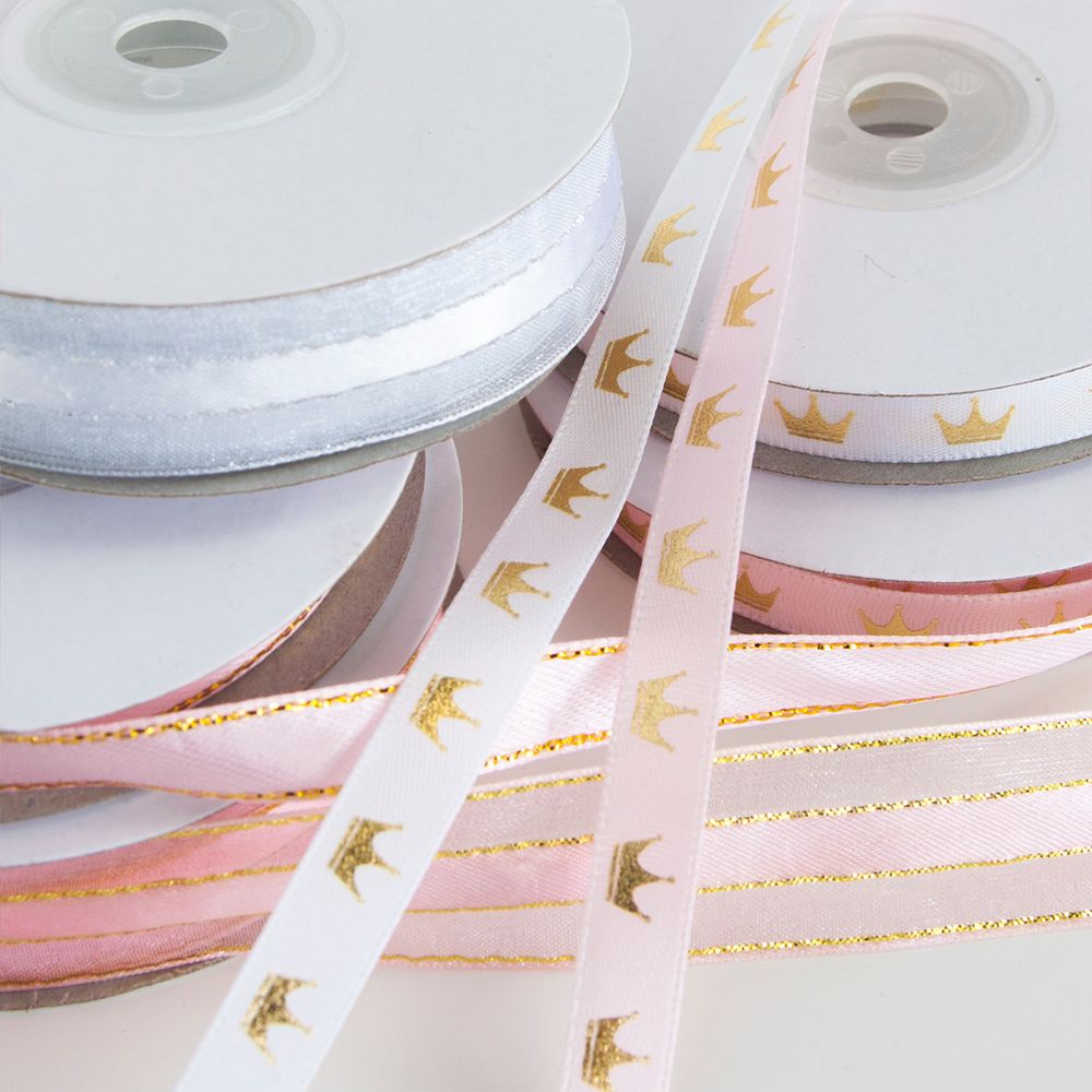 Лента декоративная (1 см*22,85 м) Короны, Розовый/Золото, 1 шт.