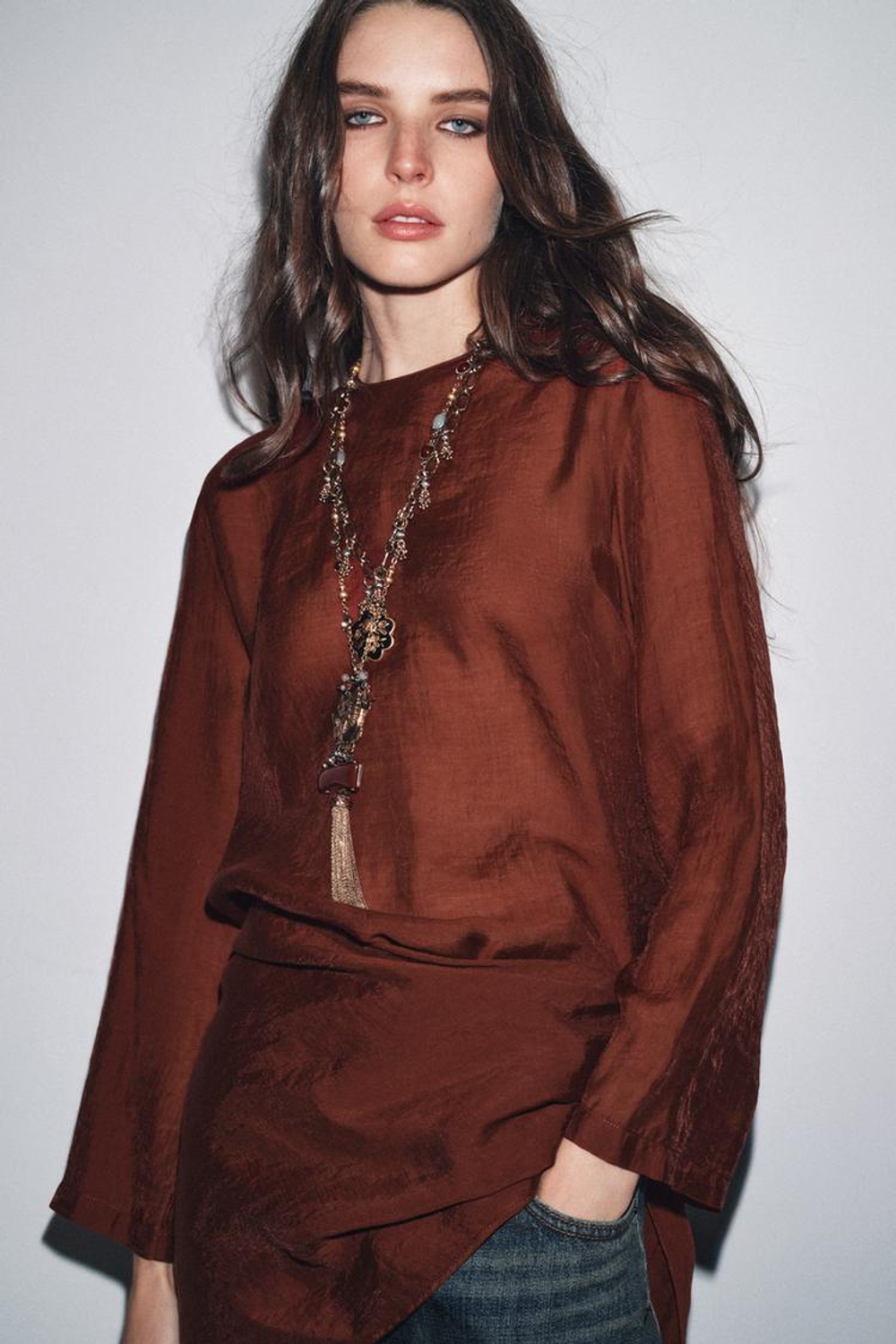 ZARA БЛУЗА СВОБОДНОГО КРОЯ С ПЛАТКОМ-ТРАНСФОРМЕРОМ — ZW COLLECTION, ЧЕРЕПИЧНЫЙ