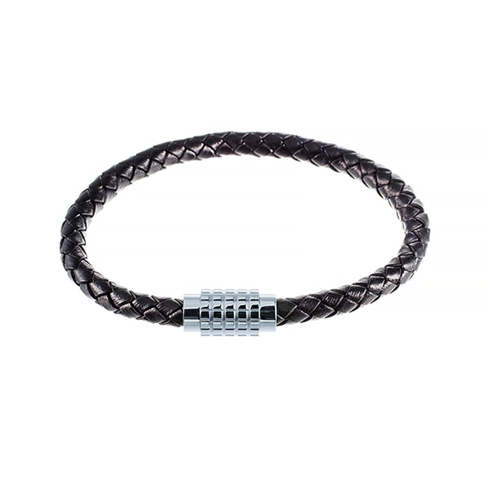 Стильный модный плетёный чёрный кожаный браслет со стальной магнитной застёжкой JV 392-0005 в подарочной упаковке