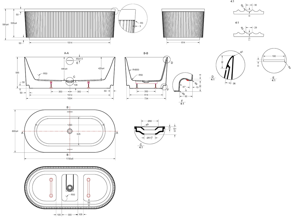 Ванна акриловая Vincea VBT-709-1700, 1700*800*585, цвет белый, щелевой перелив, слив белый