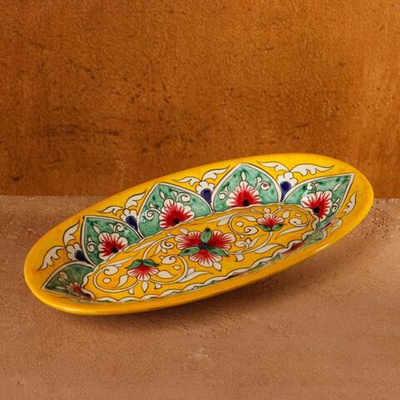 Селёдочница Риштанская Керамика Цветы , 24 см, жёлтая, микс
