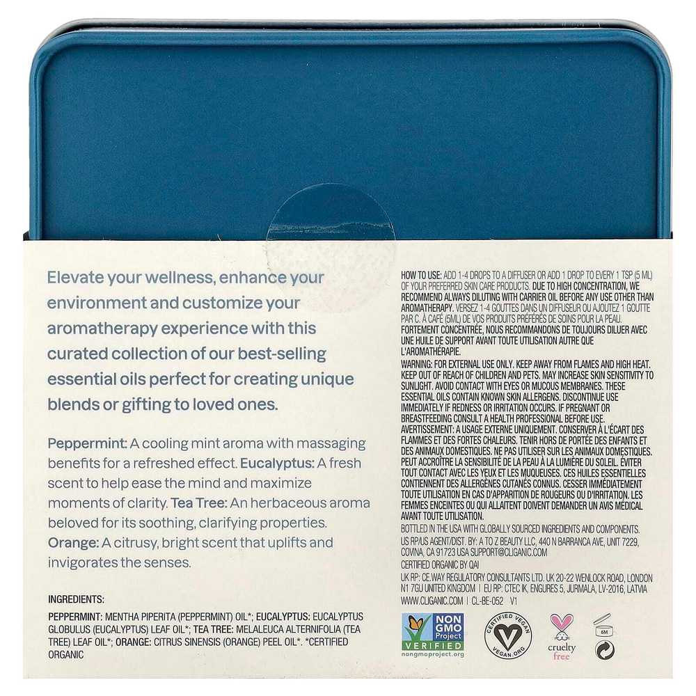 Cliganic, The Basics, набор для ароматерапии с эфирными маслами, набор из 4 предметов
