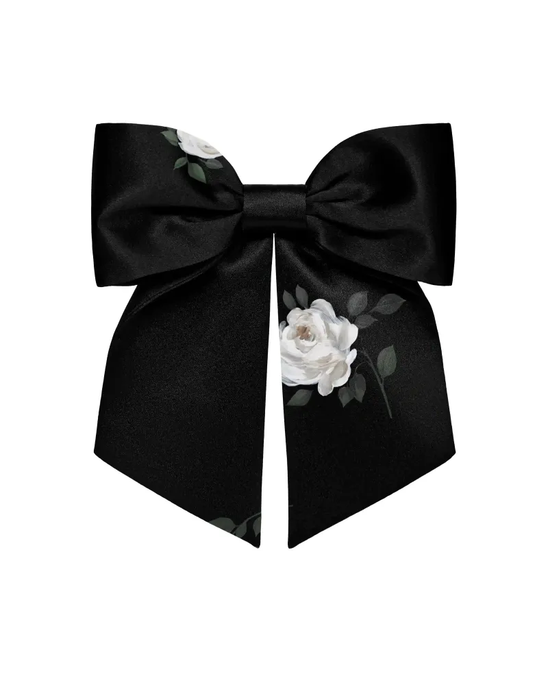 Mirella, заколка - бант из черного атласа с цветочным принтом