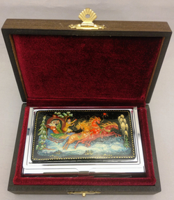 Визитница металлическая персональная "Русская зима" (роспись Палех) худ. Марова