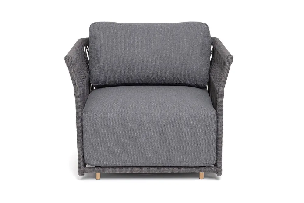 "Лугано" кресло плетеное из роупа, каркас алюминий темно-серый (RAL7024) муар, роуп темно-серый круглый, ткань темно-серая YB25-0027