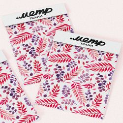 Ткань сатин розовые фиолетовые листья стемпинг