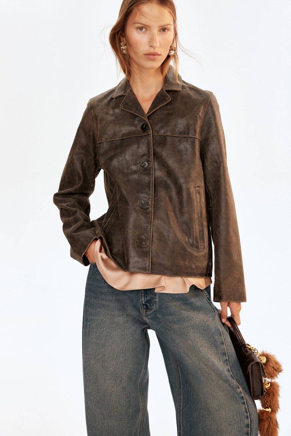 H&M Кожаная куртка, темно-коричневый