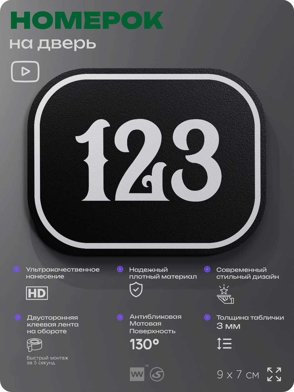 Номерок на дверь квартиры 123, для кабинета, офиса, шильдик 9 х 7 см, черный, Айдентика Технолоджи