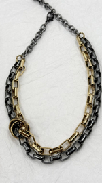 Колье двойная цепь из звеньев скрепок с шайбой, оттенок золото и графит