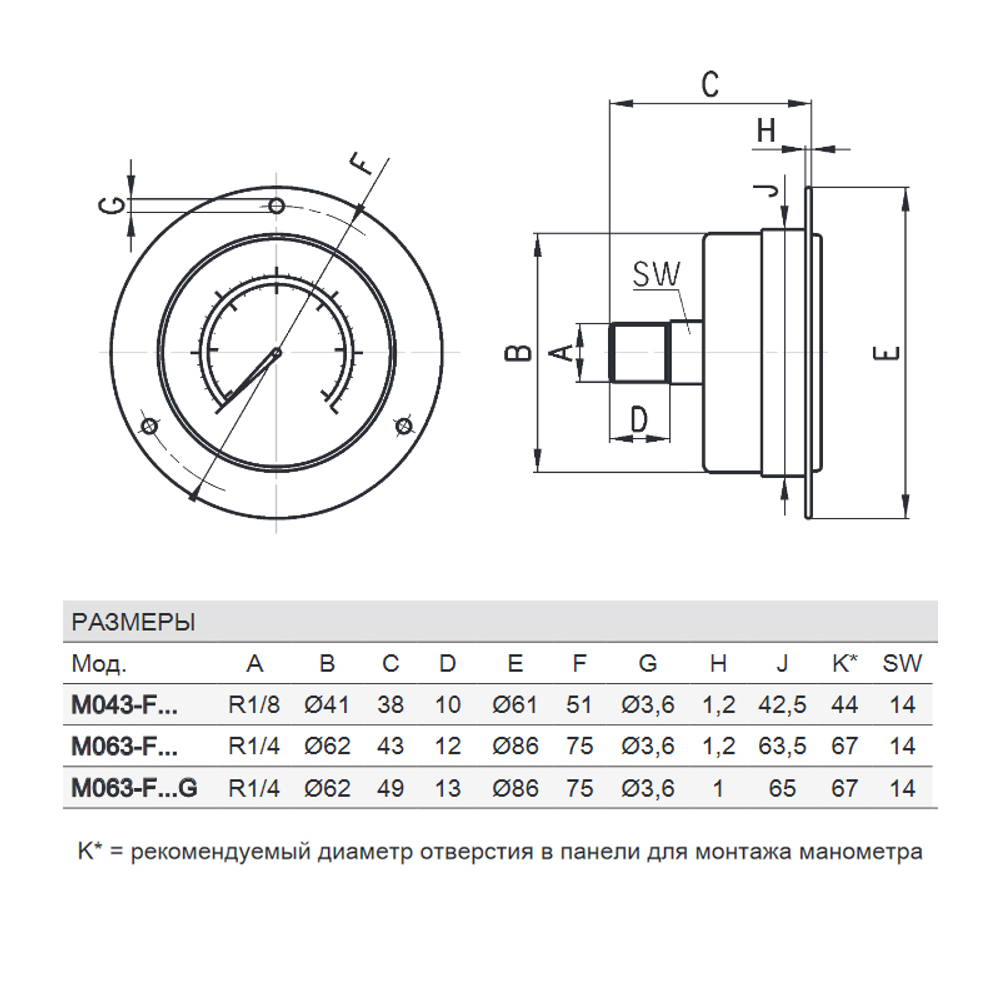 Манометр фланцевый CAMOZZI  R1/4  D62 (M063-F12)