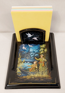 Подставка для блока для записей ручной росписью Палех "Охотники"