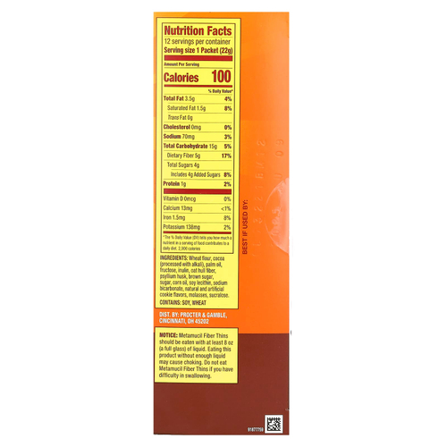 Metamucil, Fiber Thins, шоколад, 12 пакетиков, 22 г (0,77 унции) каждый