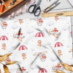 Ткань атлас мишки на самолёте и парашюте