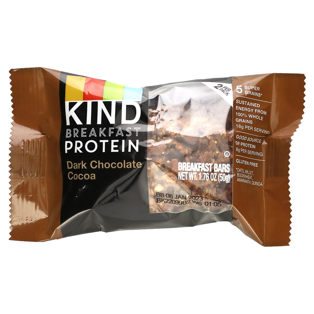 KIND Bars, Протеин для завтрака, темный шоколад, какао, 8 упаковок по 2 батончика, по 1,76 унции (50 г) каждый