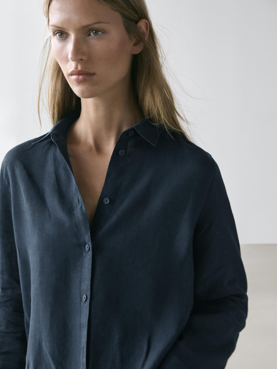 Massimo Dutti Свободная рубашка из 100% льна, темно-синий