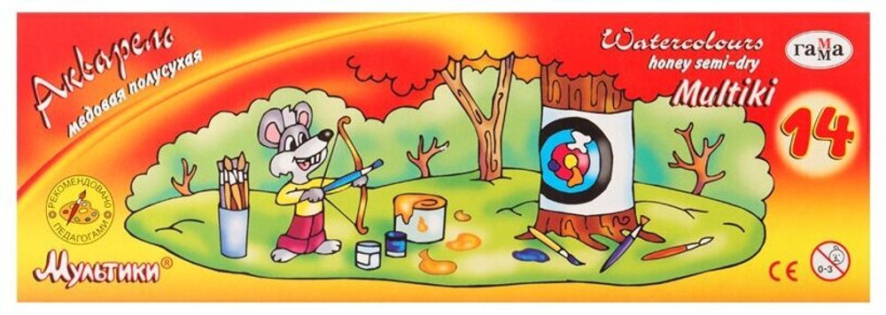 Краски акварельные ГАММА "Мультики", 14 цветов, медовые, без кисти, картонная коробка, 211050