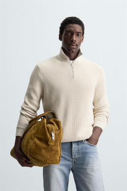 ZARA ДЖЕМПЕР ИЗ ЖЕМЧУЖНОЙ ВЯЗКИ С ВОРОТНИКОМ НА МОЛНИИ, ЭКРЮ