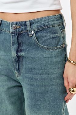 Джинсы wide leg с потертостями сине-зеленого цвета