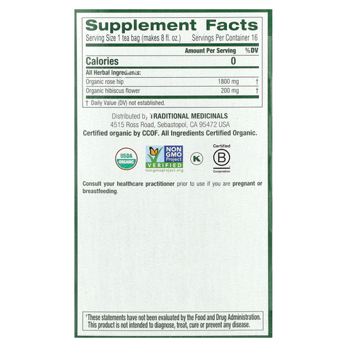 Traditional Medicinals, органические шиповник и гибискус, без кофеина, 16 чайных пакетиков, 32 г (1,13 унции)