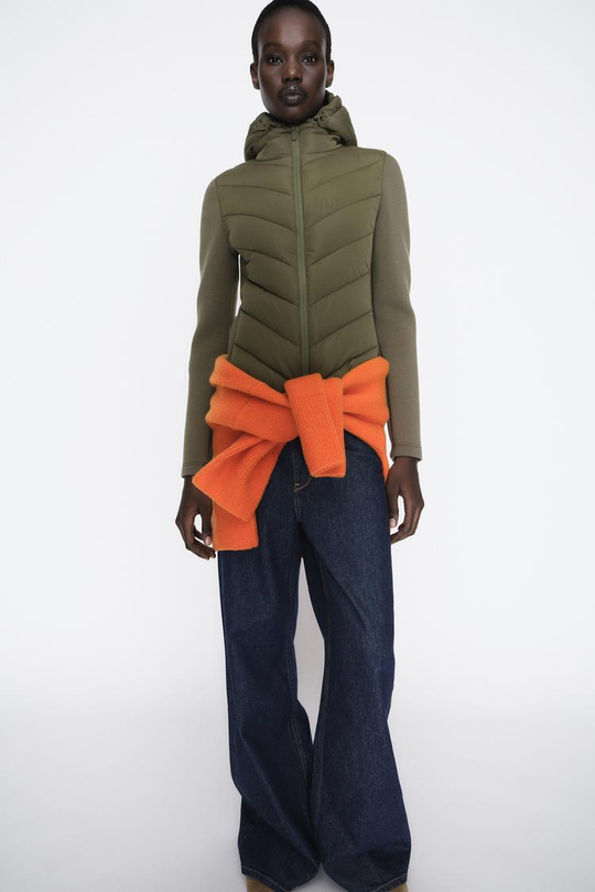 ZARA СТЕГАНАЯ КУРТКА С КОНТРАСТНЫМИ ДЕТАЛЯМИ, ХАКИ