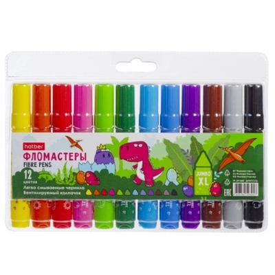 Фломастеры Hatber 12 цв. JUMBO-XL утолщен. корпус -ДИНОСАД- в блистере с европодвесом