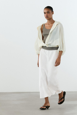 Massimo Dutti Миди-юбка из 100% льна с эластичным поясом, белый