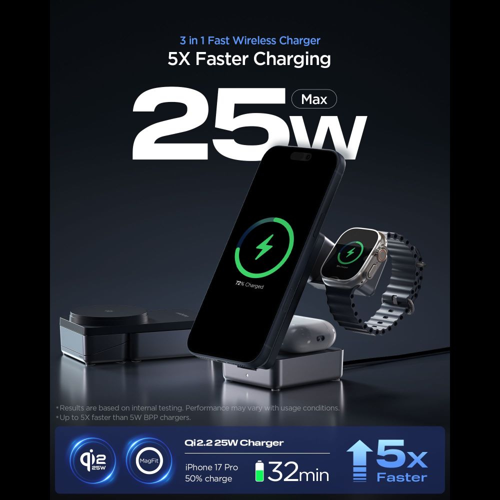 Док-станция Spigen EF323MQ 3в1 MAGNETIC Magsafe WIRELESS CHARGER 25W QI2.2 BLACK
