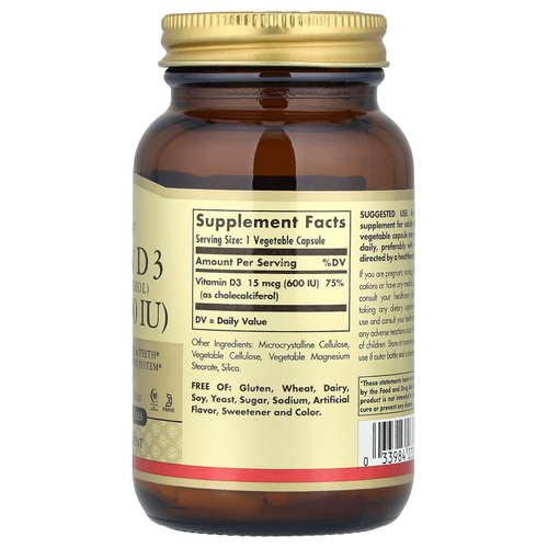 Solgar, витамин D3 (холекальциферол), 15 мкг (600 МЕ), 120 растительных капсул