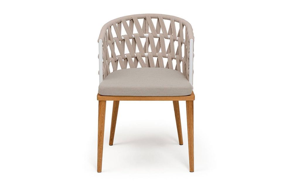 "Диего" стул плетеный из роупа, основание дуб каркас из стали белый муар, роуп бежевый круглый, ткань бежевая 052