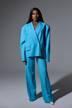 Брюки костюмные из крепа с необработанной талией, бирюзовый