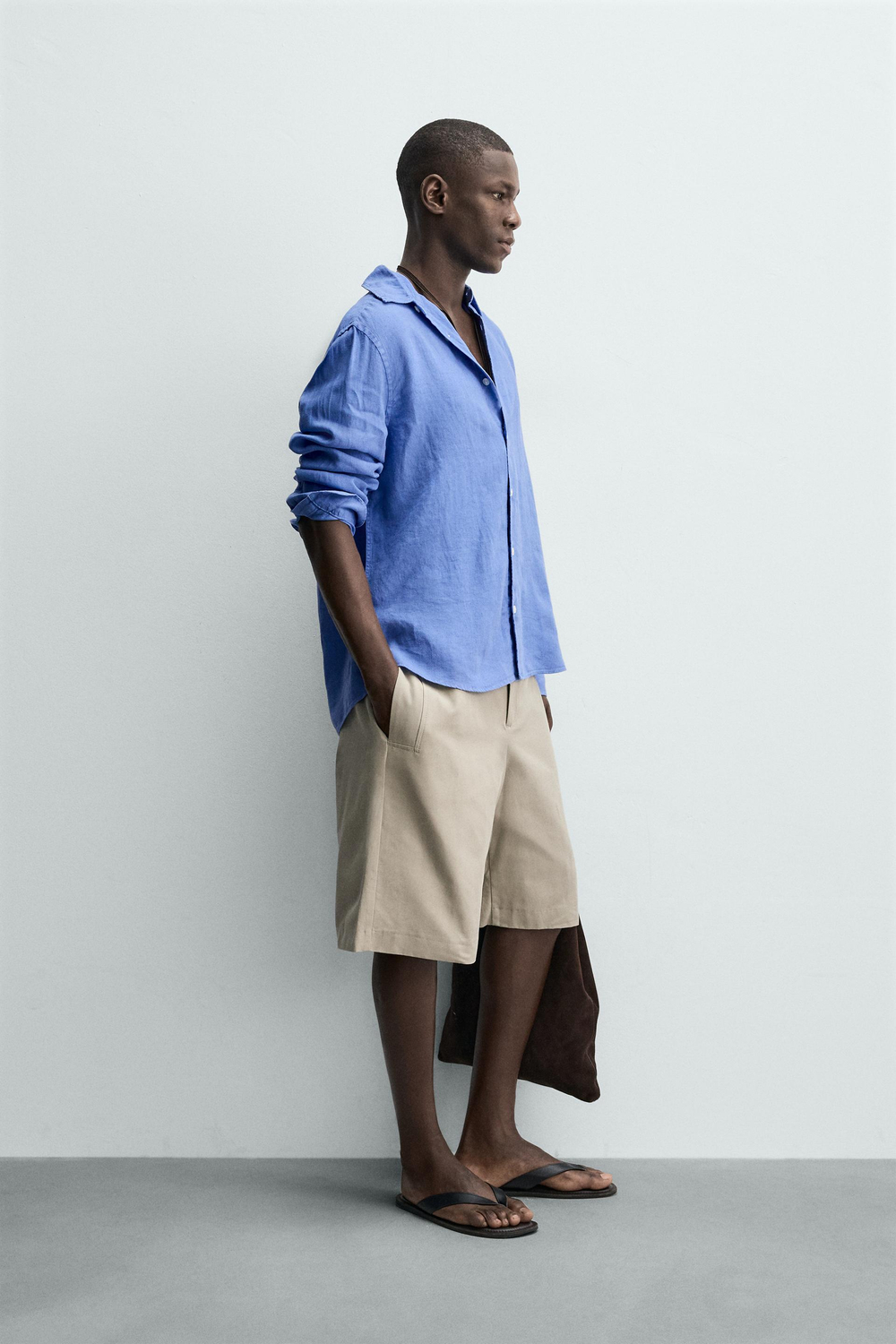 ZARA РУБАШКА ИЗ 100% ЛЬНА, ЛИНЯЛЫЙ СИНИЙ