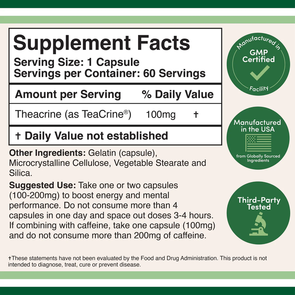 Double Wood Supplements - Theacrine - 60 x 100 mg capsules